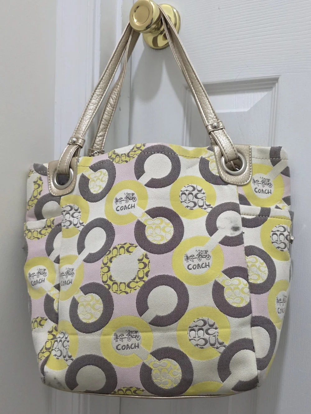 Coach Canvas Tote in Yellow, Pink, and Gray Circle Print with Metallic Handles